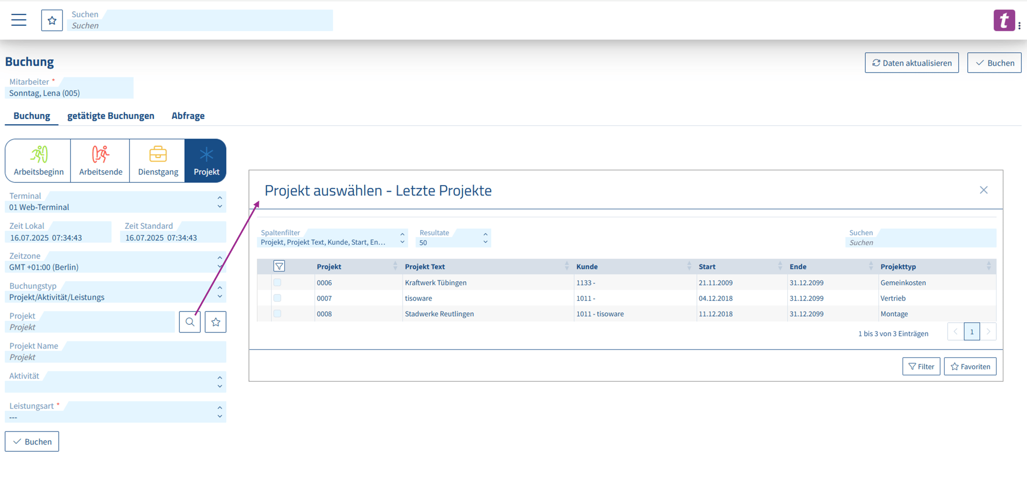 Project time recording_2_Select project